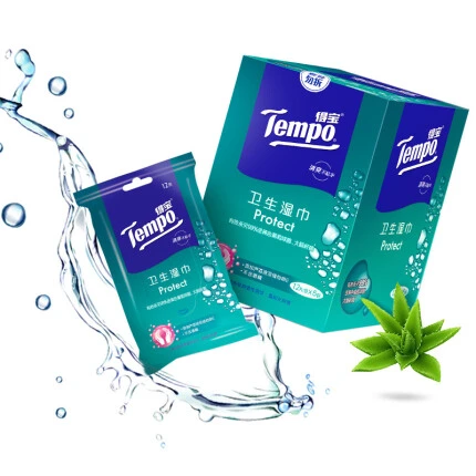 得宝(Tempo)湿巾 60片(5包x12片)盒装 杀菌湿巾湿纸巾 卫生洁肤